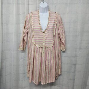 Mist Tunic Blouse Boho Cottage Prairie Pink Striped Ruffle M
